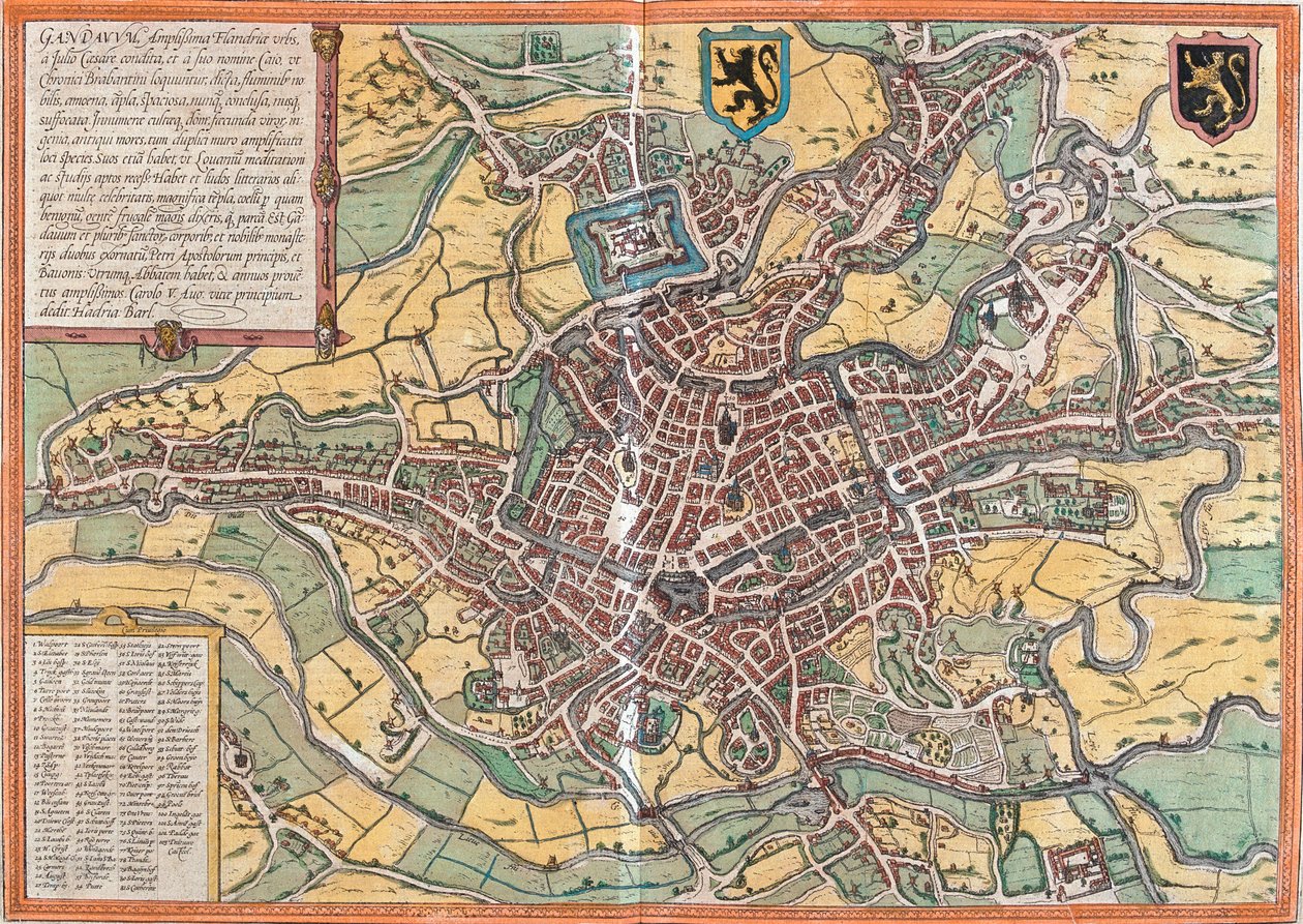 Plan av Gent (Gandauum), Belgien (etsning av Franz Hogenberg