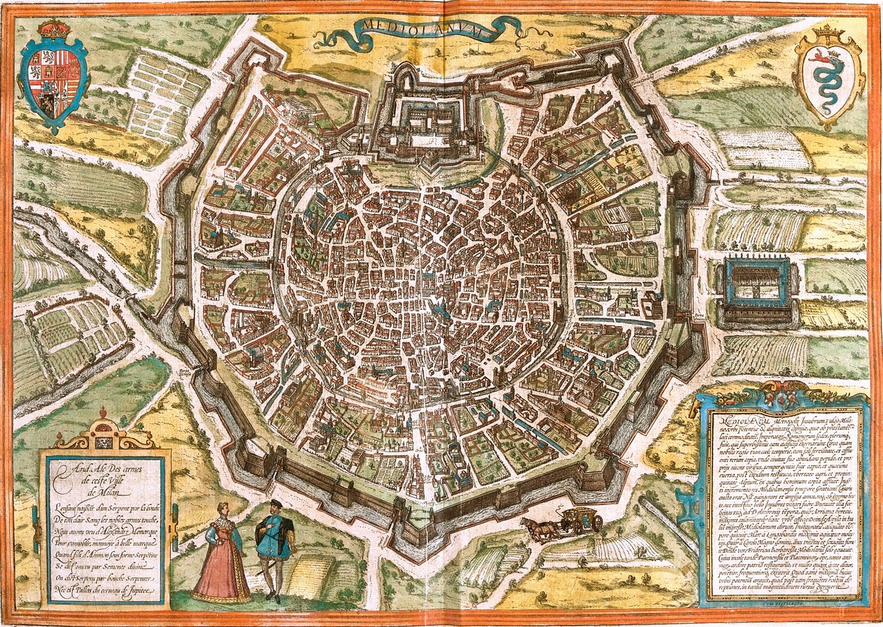 Plan över Milano (Mediolanum), Italien (etsning av Franz Hogenberg