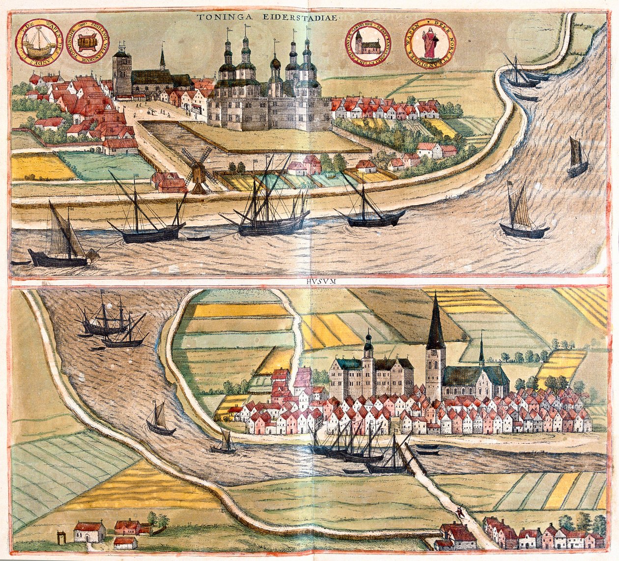 Tonning och Husum, Tyskland (gravyr av Franz Hogenberg