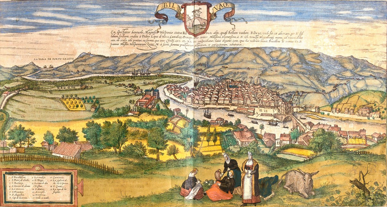 Vy över Bilbao (Bilbao) Spanien (etsning av Franz Hogenberg