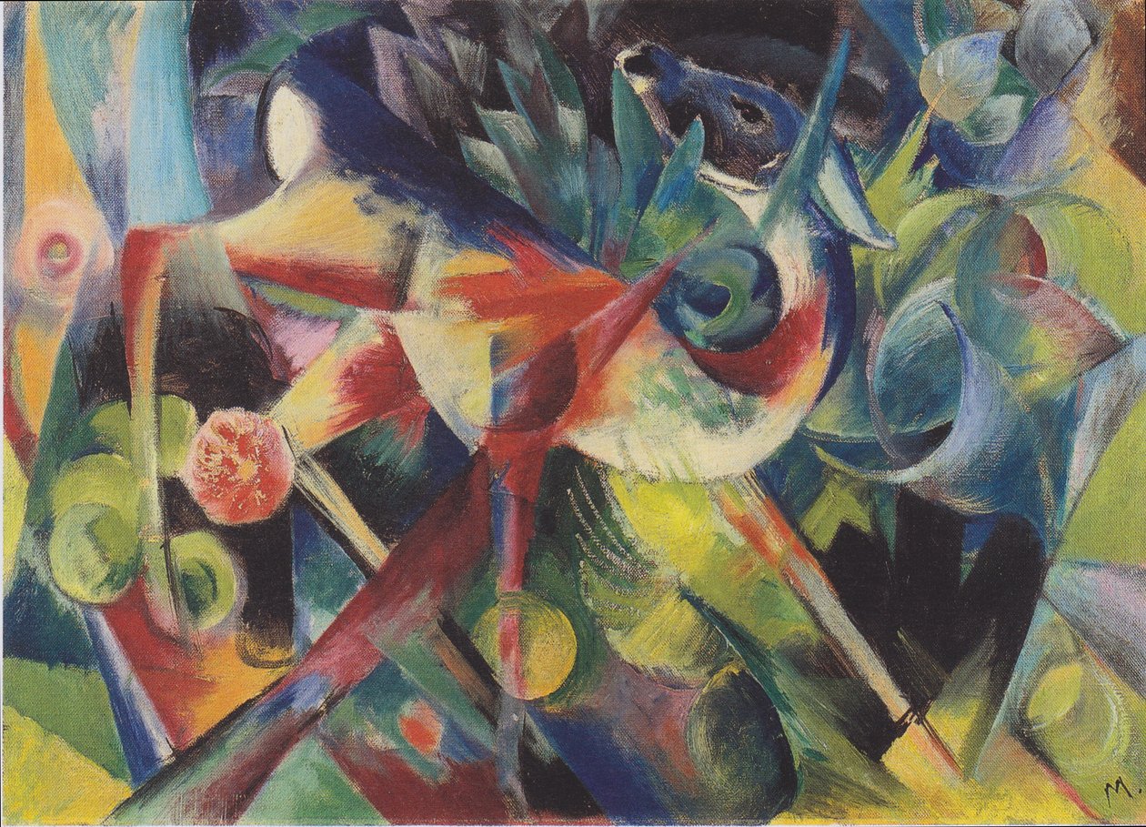 Hjort i blomsterträdgård av Franz Marc