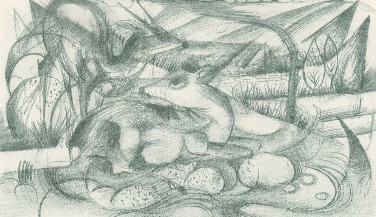 Hjort och hind i ett uråldrigt landskap av Franz Marc