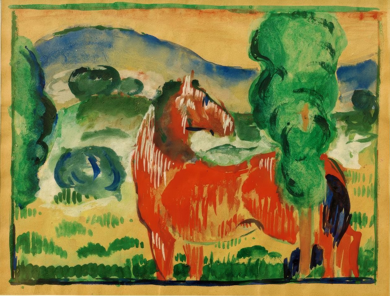 Röd häst i ett färgat landskap av Franz Marc