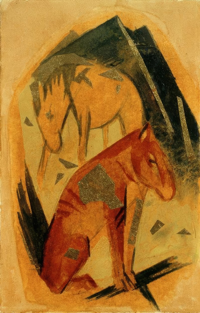Två hästar framför ett blått berg av Franz Marc