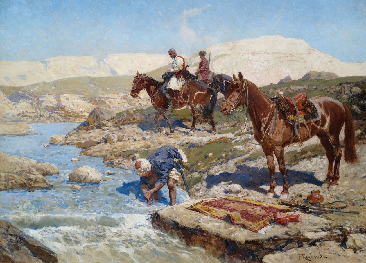 Cherkessian Horseman som korsar floden av Franz Roubaud