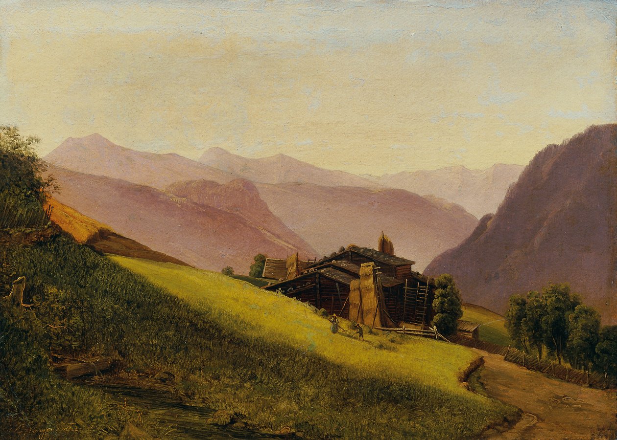 Bergslandskap med fjällhyddor och bönder som slår hö av Franz Wipplinger