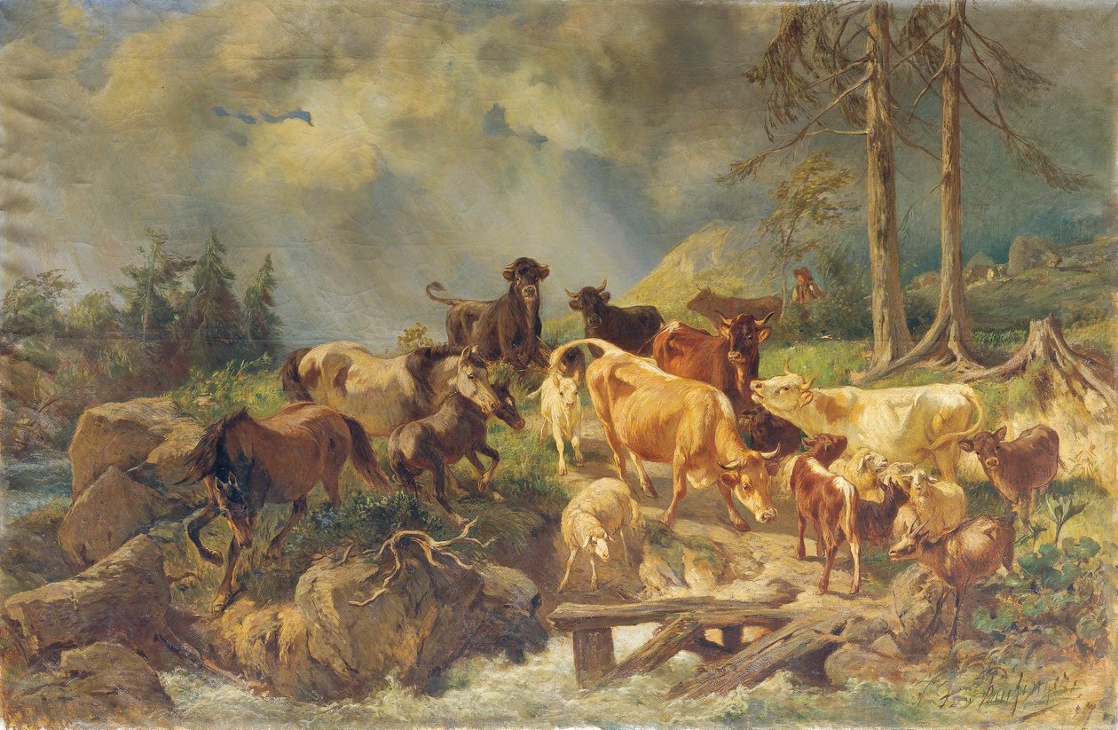 Bergigt landskap med kor av Franz Xaver von Pausinger