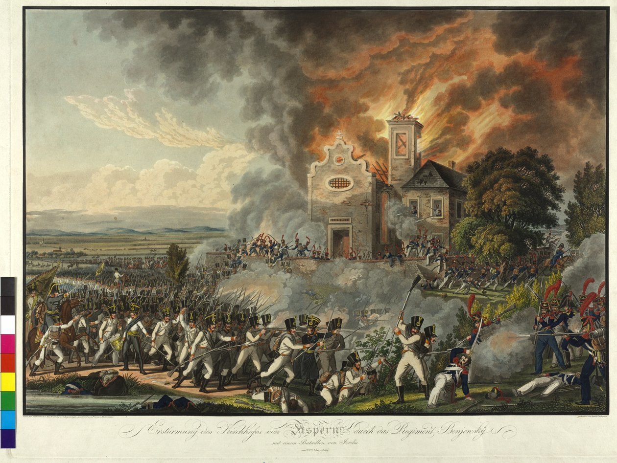 Slaget vid Aspern 1809 (gravyr i färg) av Franz von Habermann