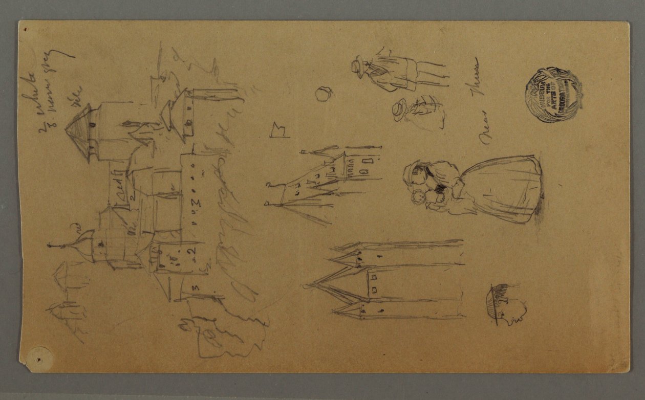 Ritning, medeltida slott, två torn, figurstudier, nära Thun, möjligen 1868 av Frederic Edwin Church