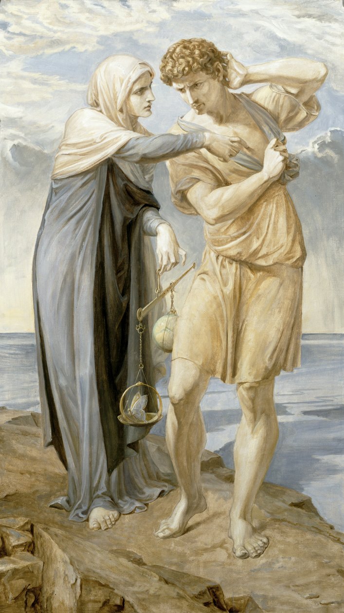 Människan lyssnar på Samvetsappeal, 1910 av Frederic James Shields