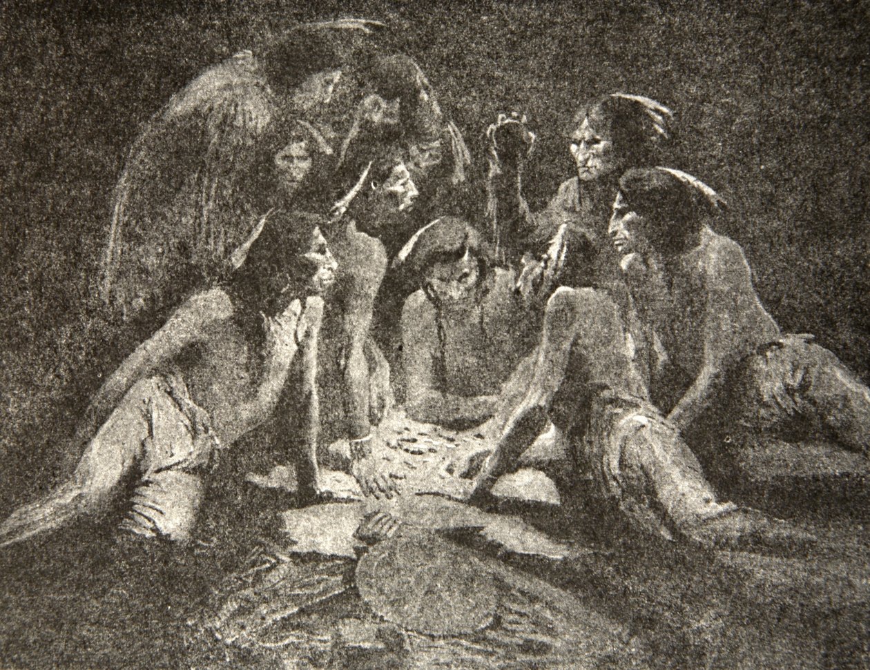 Alla gamla män och unga män... Spelas till midnatt, spelas till morgonen, från The Song of Hiawatha av Henry Wadsworth Longfellow (1807-82), pub. av George G. Harrap und Company Ltd., 1911 av Frederic Remington