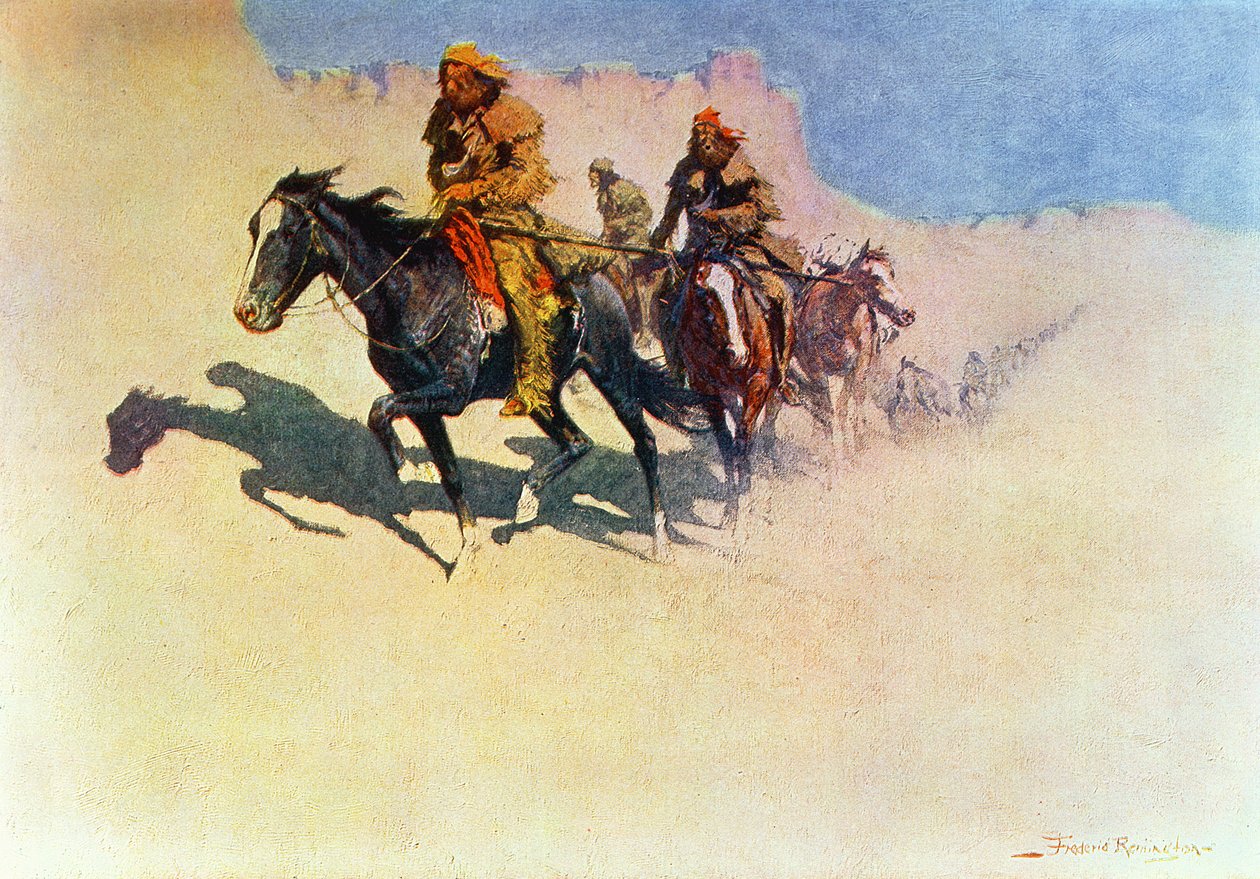 Jedediah Smith tar sig över öknen från Green River till de spanska bosättningarna i San Diego, från "The Great Explorers", 1906 av Frederic Remington