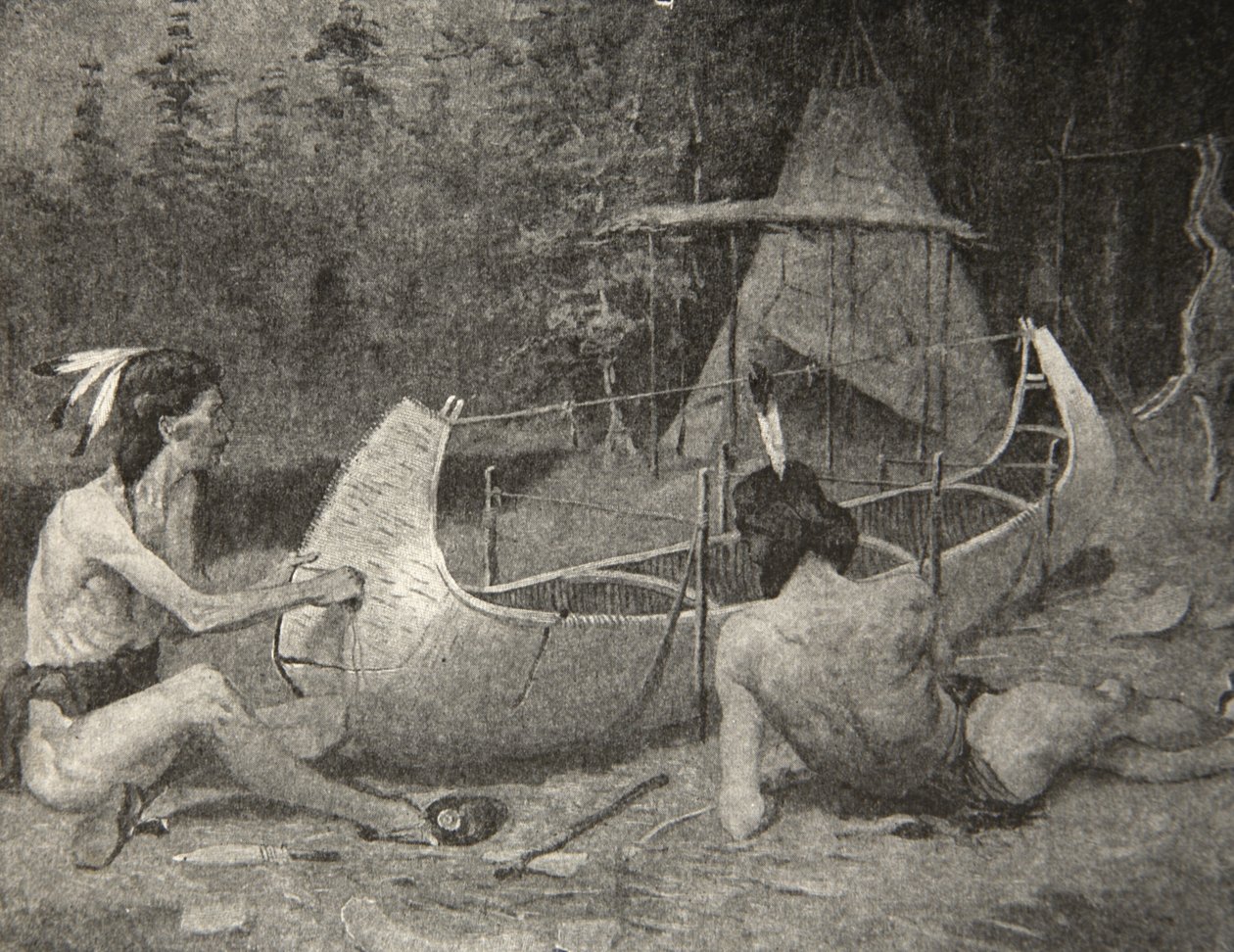 Således byggdes björkkanoten... I skogens sköte, från The Song of Hiawatha av Henry Wadsworth Longfellow (1807-82), pub. av George G. Harrap und Company Ltd., 1911 av Frederic Remington