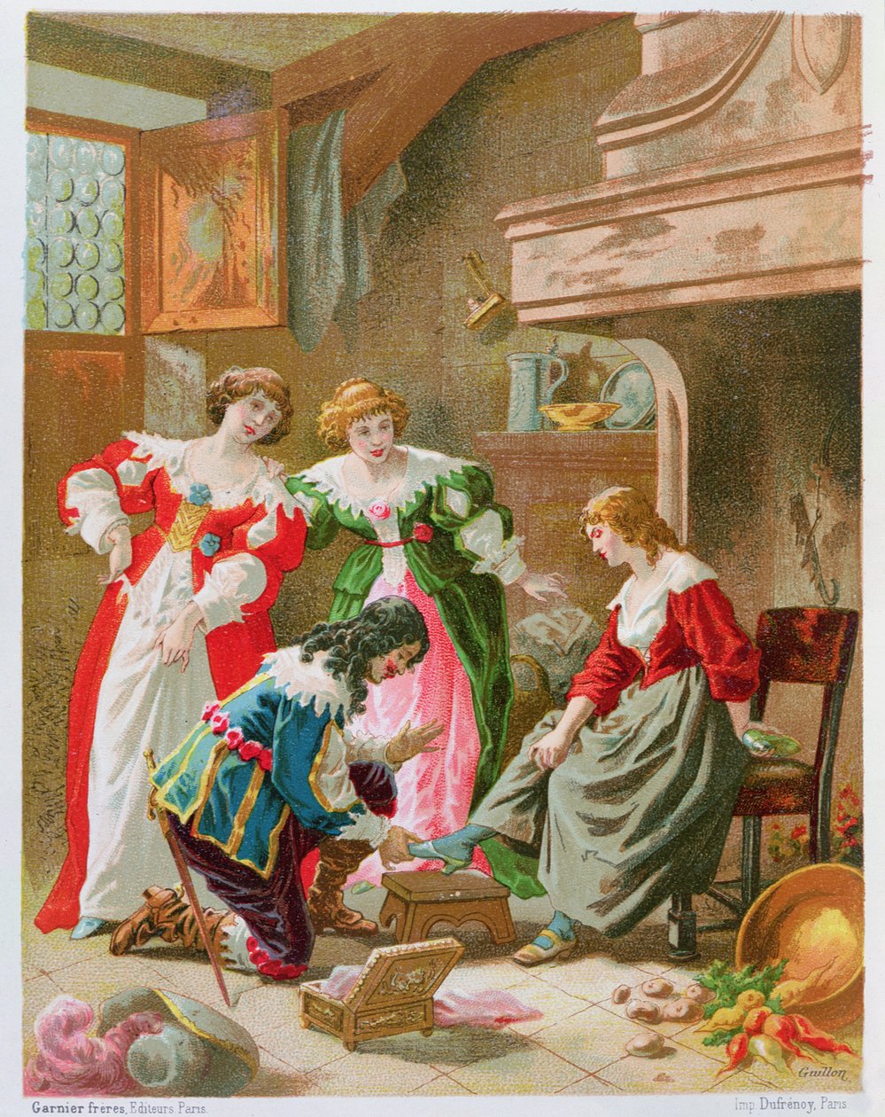 Askungen provar glasskon, från "Les Contes de Perrault" (kromolit) av Frederic Theodore Lix