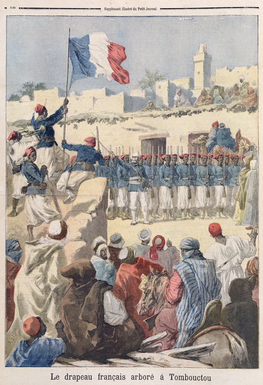 Franska flaggan höjs i Timbuktu (Mali) från "Le Petit Journal", februari 1894 av Frederic Theodore Lix