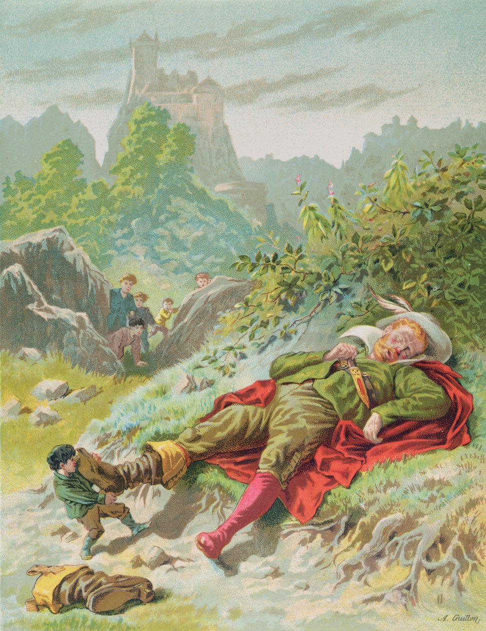 Tom Thumb tar av sig trollets stövlar, illustration till "Contes de Perrault", utgiven av Editions Garnier, Paris, slutet av 1800-talet. av Frederic Theodore Lix