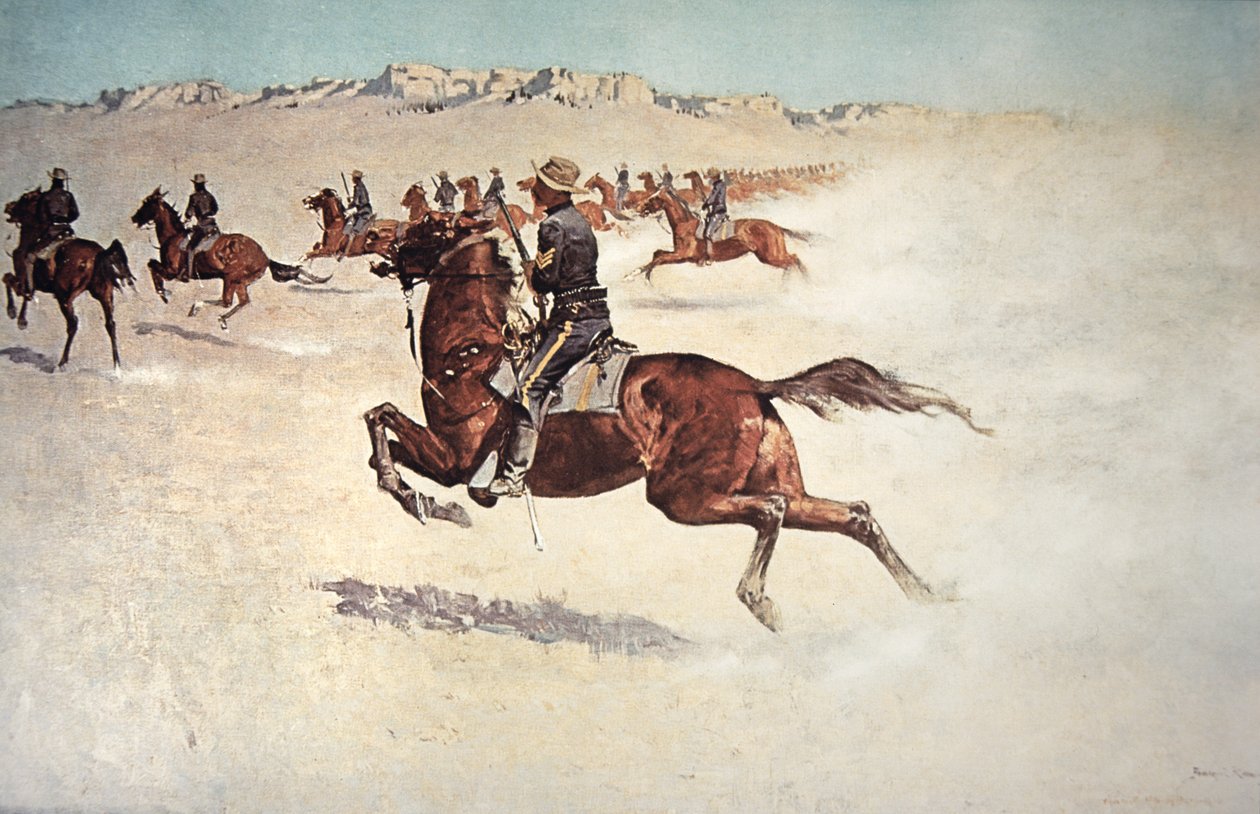Buffalo Soldiers in Pursuit (färg litho) av Frederic (after) Remington