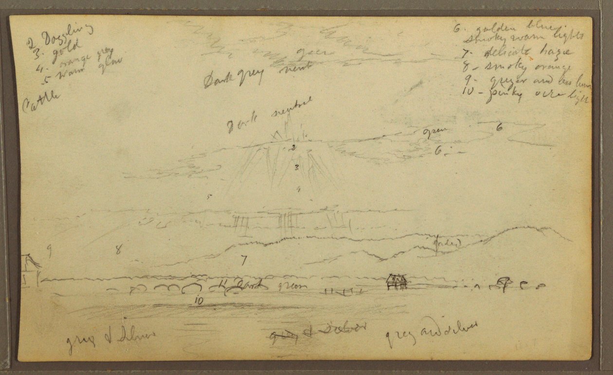 Teckning, Landskap; Averso: Hus, Kanot, 1857 av Frederic Edwin Church