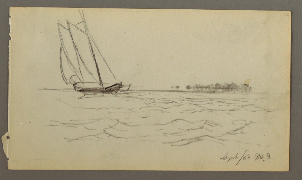 Teckning, Segelbåt rider på vågor, 1860 av Frederic Edwin Church