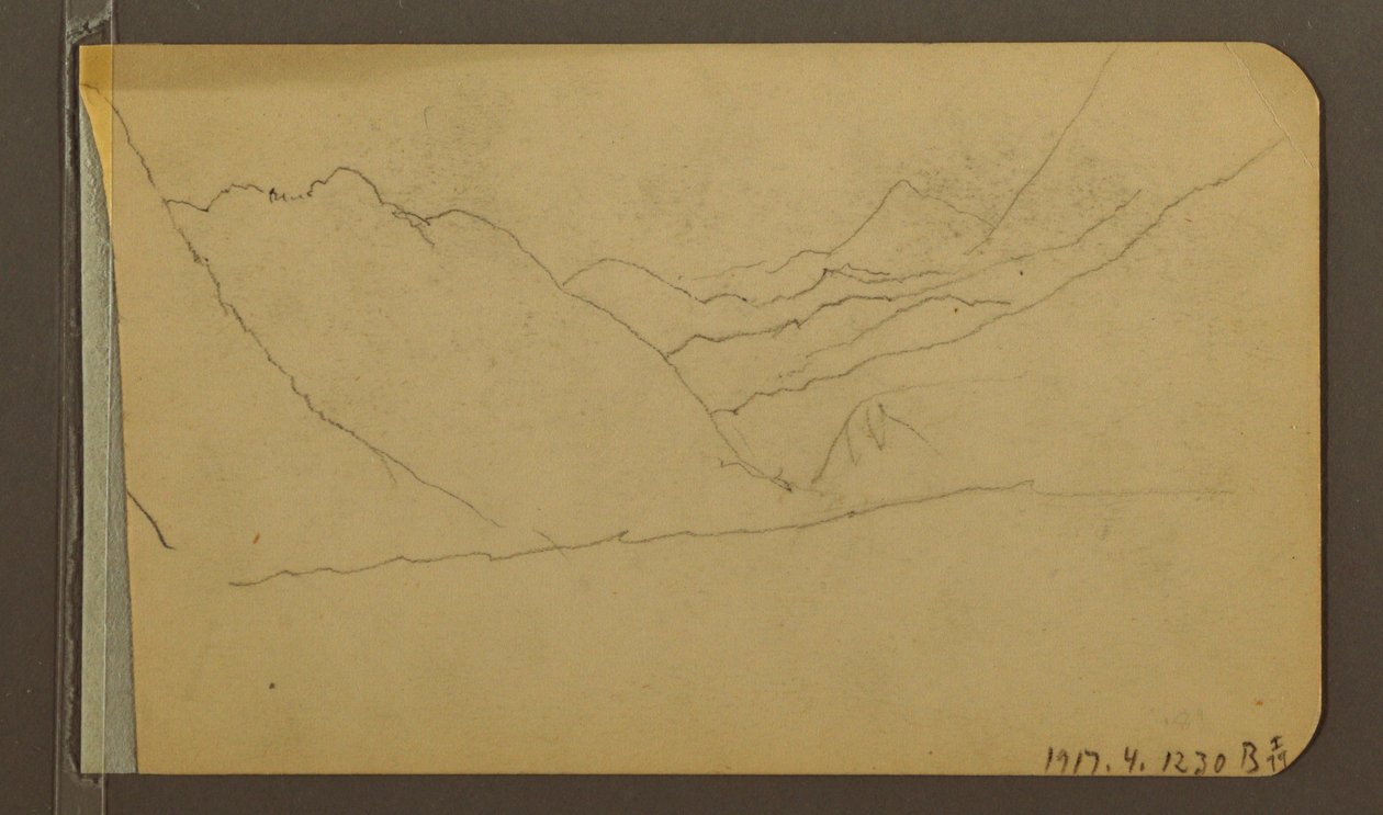 Teckning, dal; Averso: Bergstopp, 1889 av Frederic Edwin Church