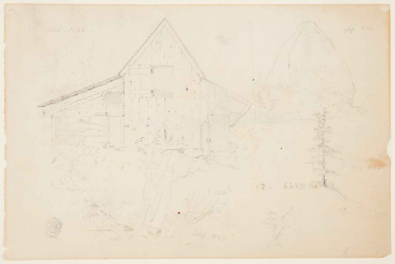Skiss av en lada och höstack av Frederic Edwin Church