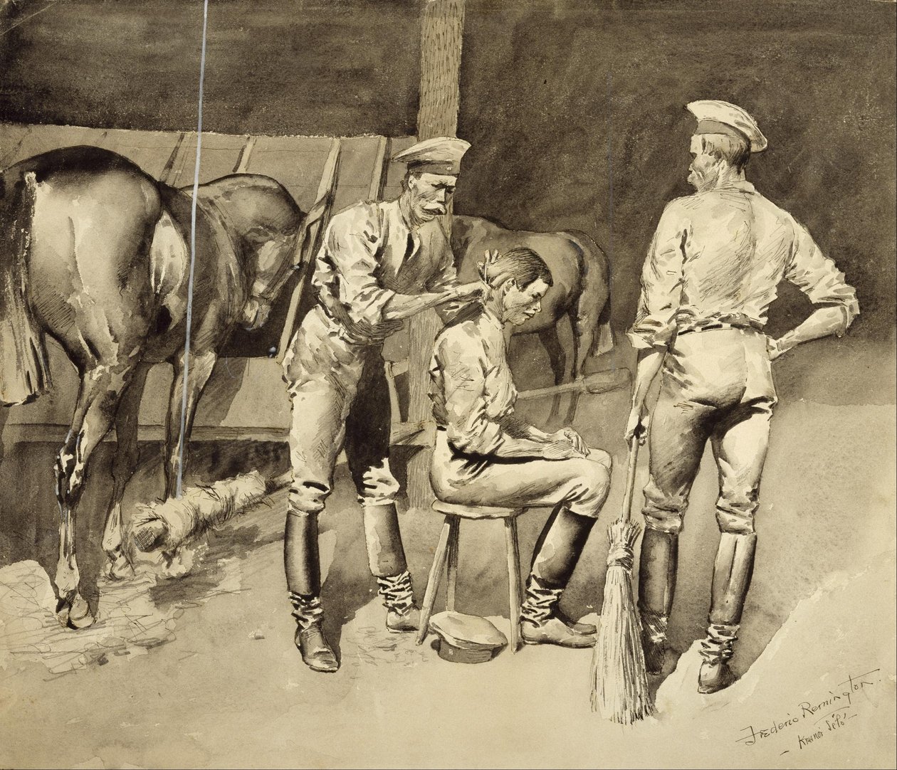 En hårklippning i ett kavalleristall av Frederic Remington