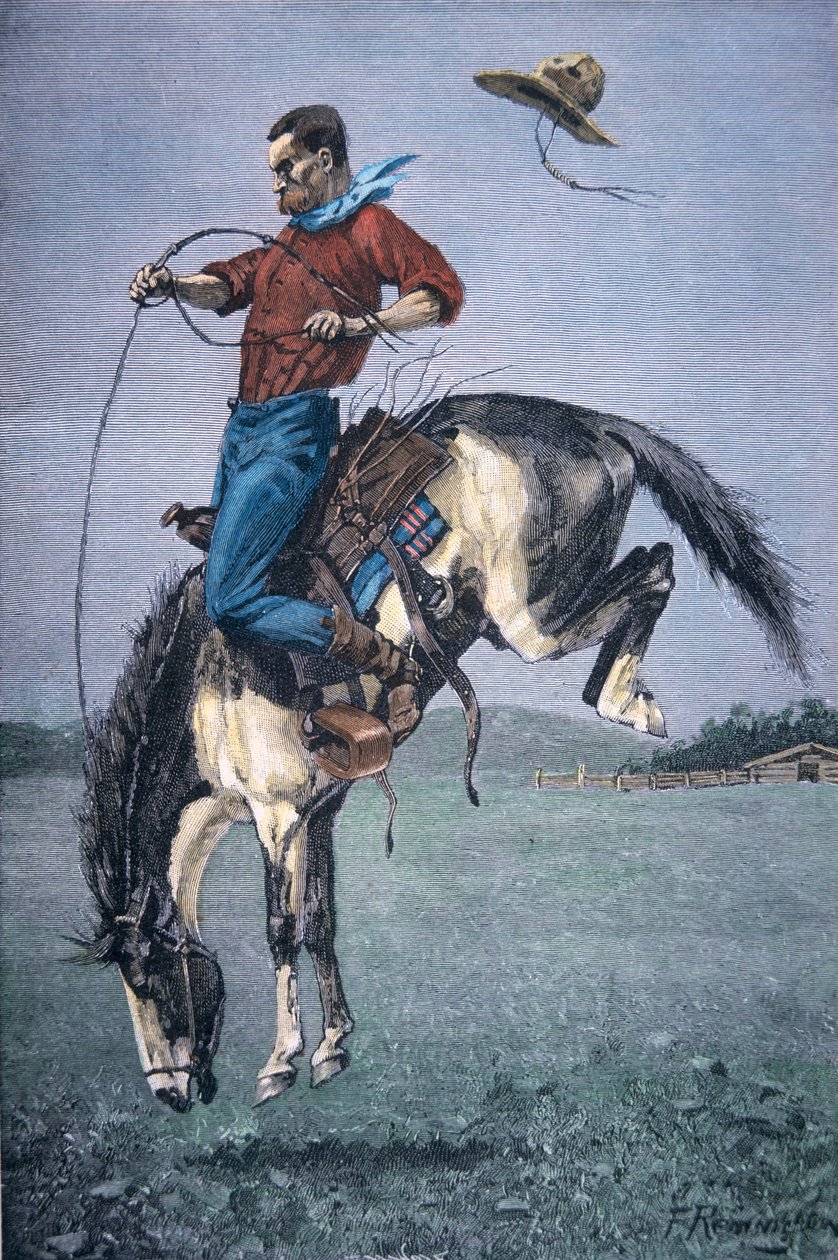Bronco-Buster (färgad gravyr) av Frederic Remington