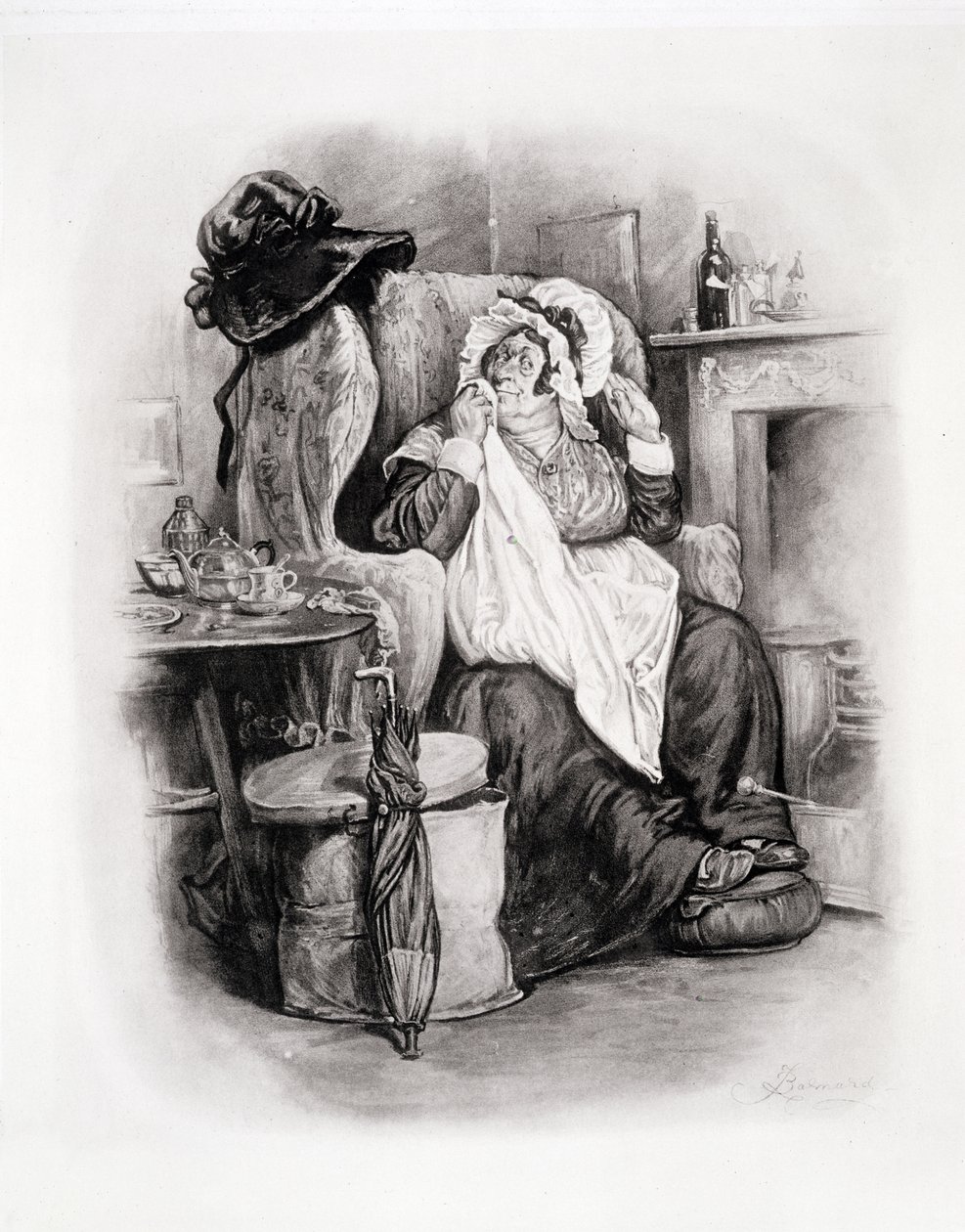 Mrs Gamp, från "Charles Dickens: A Gossip about his Life", av Thomas Archer, publicerad ca 1894 av Frederick Barnard