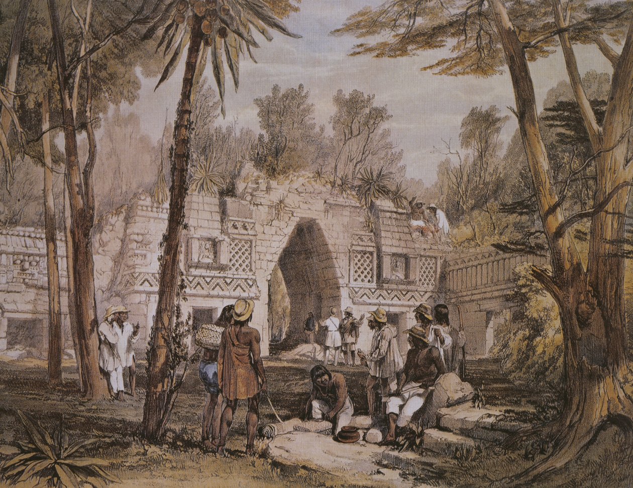 Arch of Labna, Yucatan, Mexiko, illustration från "Views of Ancient Monuments in Central America, Chiapas and Yucatan", utgiven i London 1844. av Frederick Catherwood