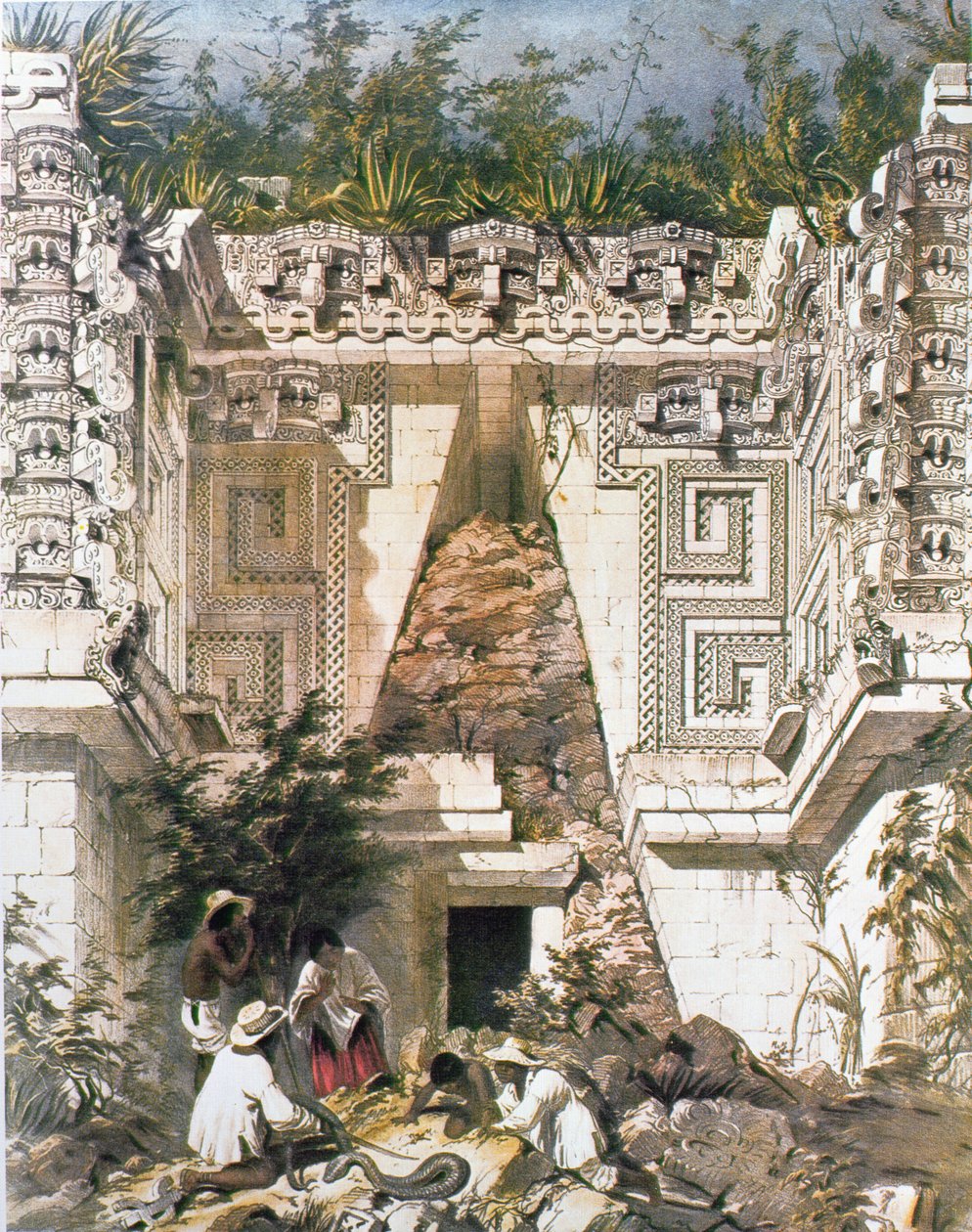 Guvernörernas palats, Uxmal, Yucatan, Mexiko, 1844 (färgad litho) av Frederick Catherwood