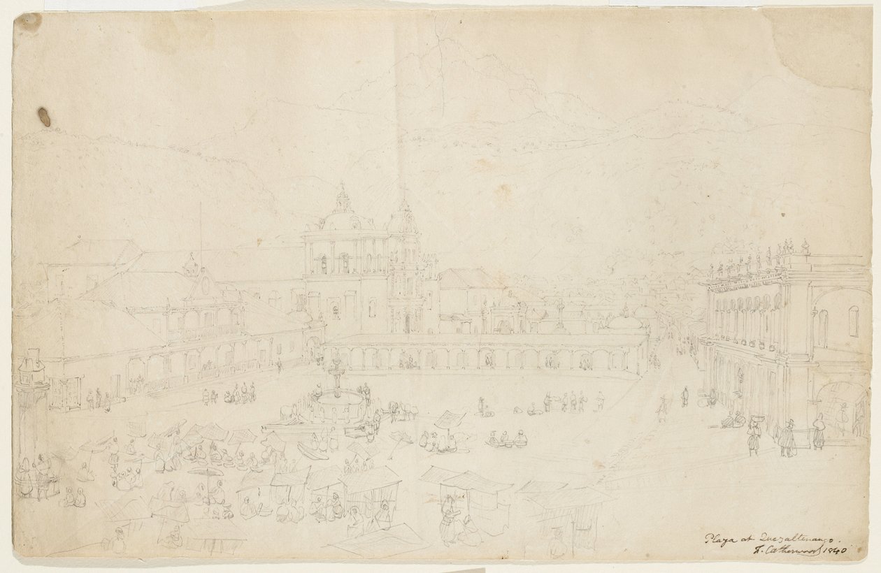 Plaza i Quezaltenango, 1840 (grafit på krämvävt papper) av Frederick Catherwood