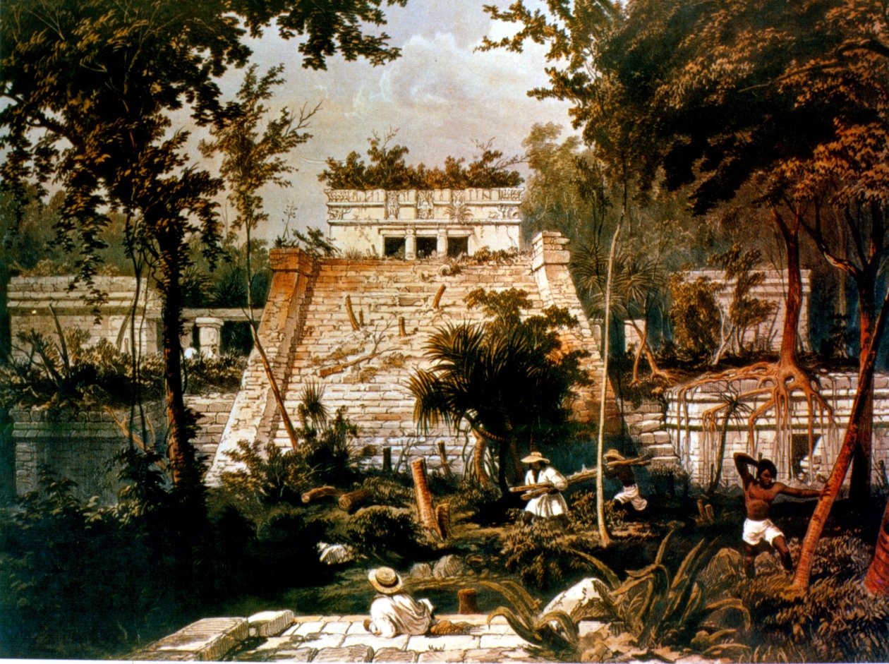 Tempel och pyramid, Tulum, Yucatan, Mexiko, 1844 (färgad litho) av Frederick Catherwood