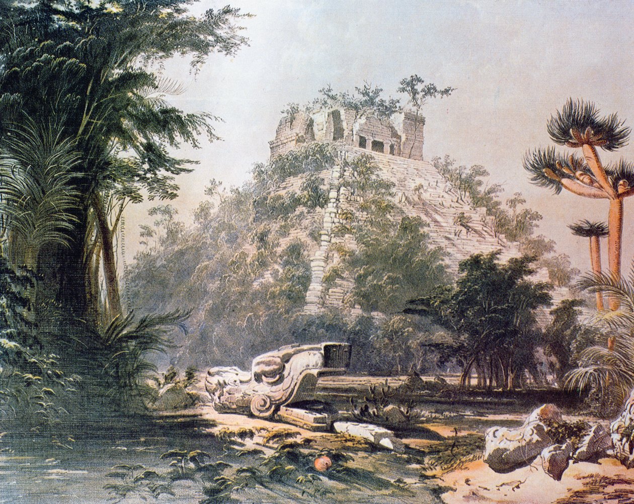 Utsikt över El Castillo, 1844 (färgad litografi) av Frederick Catherwood