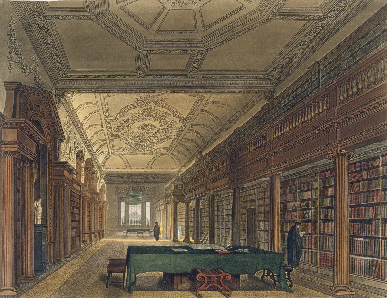 Interiör av biblioteket i Christ Church, illustration från "Historien om Oxford", graverad av puben Joseph Constantine Stadler (fl.1780-1812). av R. Ackermann, 1814 (akvatint) av Frederick Mackenzie