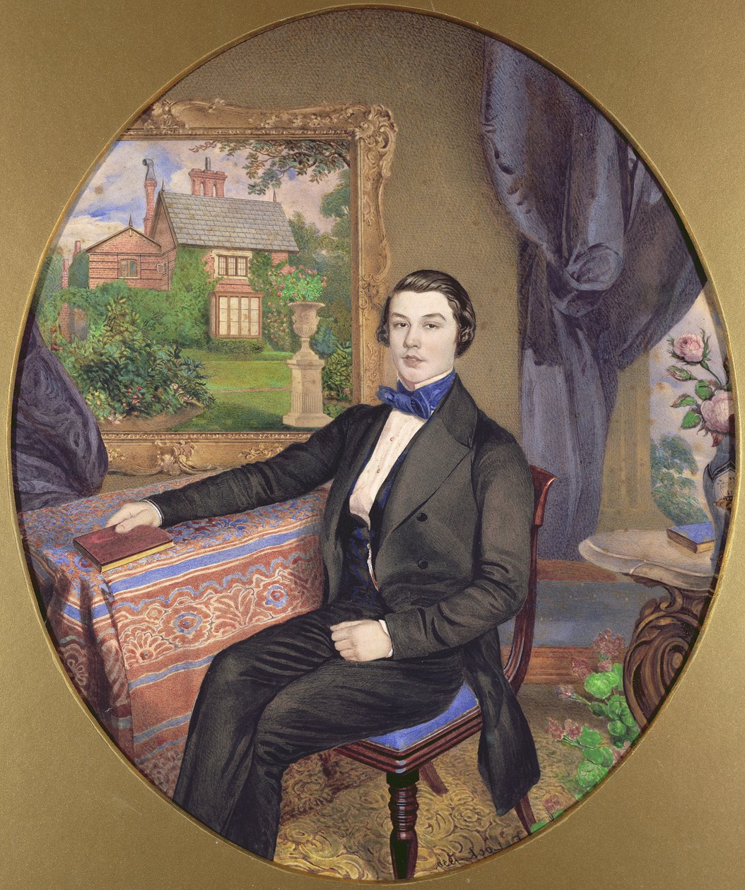 Porträtt av en ung man i en viktoriansk interiör, 1850 (wc på papper) av Frederick William Lock