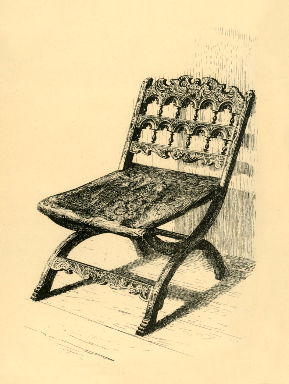 Hopfällbar stol, valnötsträ, 1500-1600-talen, 1881. av Frederick Albert Slocombe