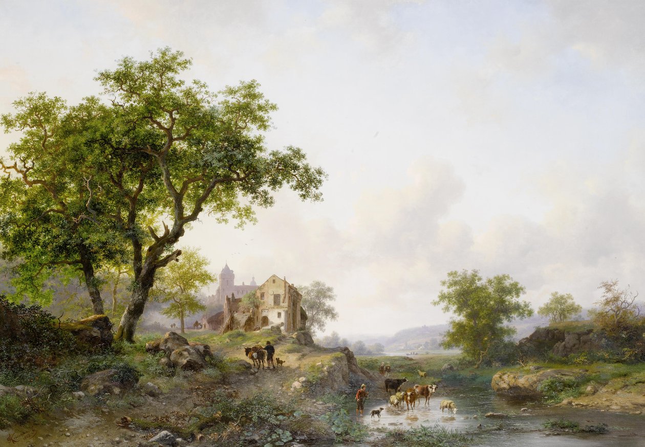 Summer landscape with cattle near a river av Frederick Marianus Kruseman