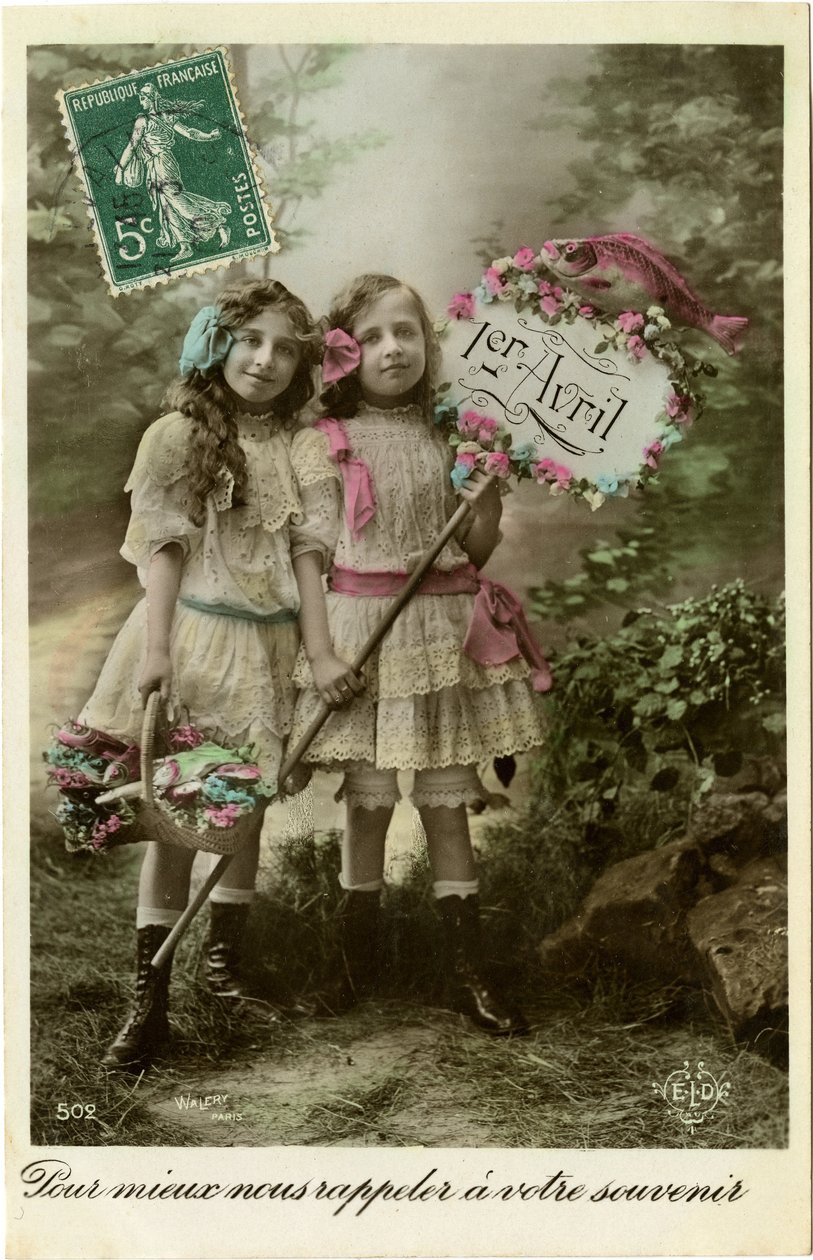 Hälsningar, April Fools Day, 1906 (färgat foto) av French Photographer