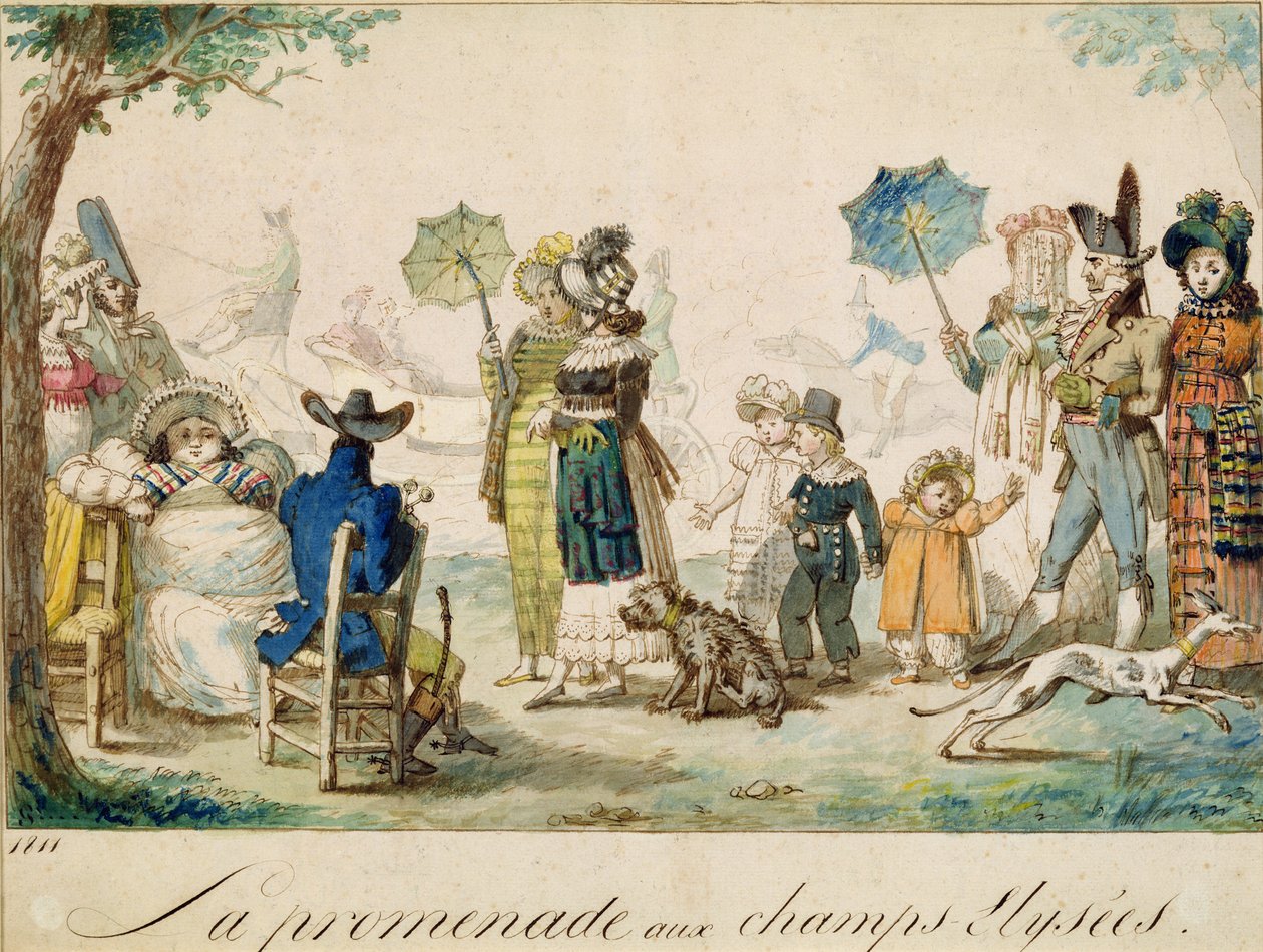 A Walk in the Champ Elysees, 1811 (penna och bläck och wc på papper) av French School