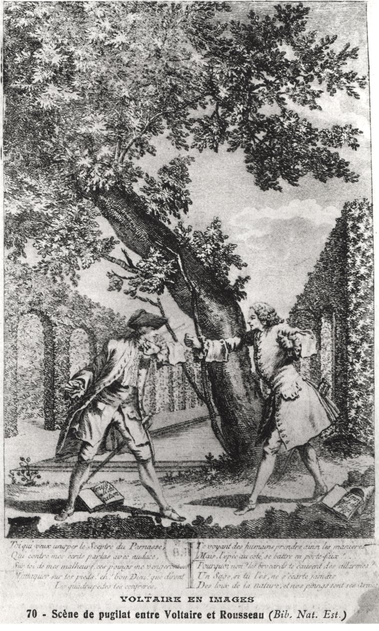 Argument mellan Jean-Jacques Rousseau (1712-78) och Voltaire (1694-1778) av French School