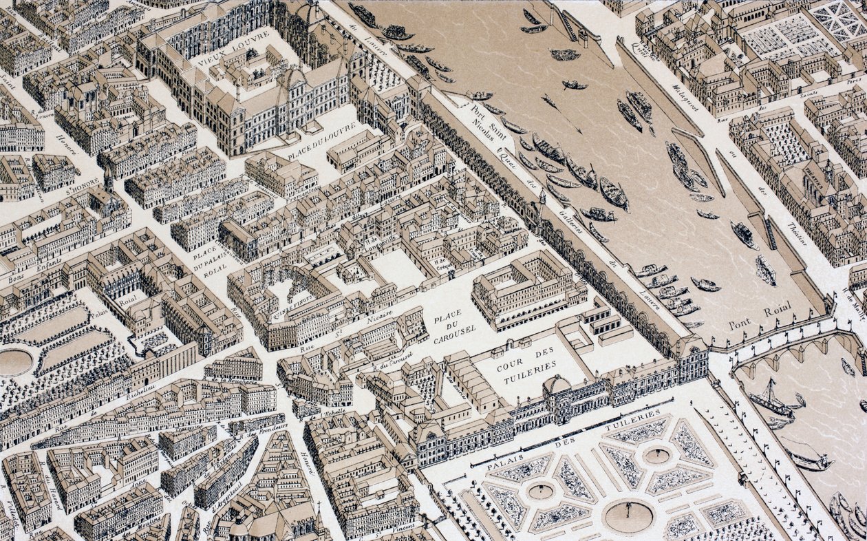 Fågelperspektiv över Paris 1730, 1875 av French School