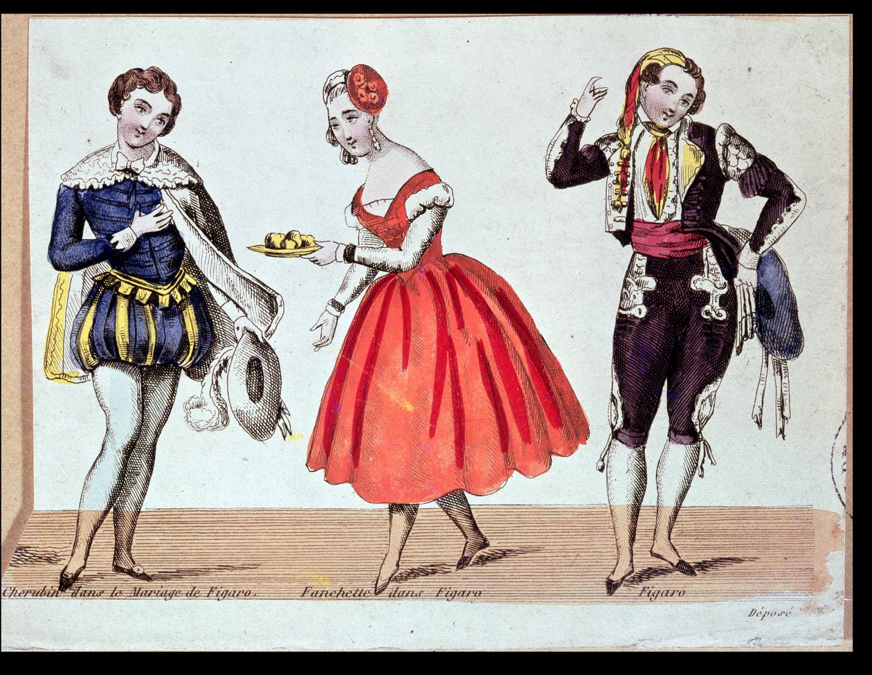 Cherubino, Fanchette och Figaro, scen från "Figaros bröllop" av Pierre Augustin Caron de Beaumarchais (1732-99) 1784 av French School