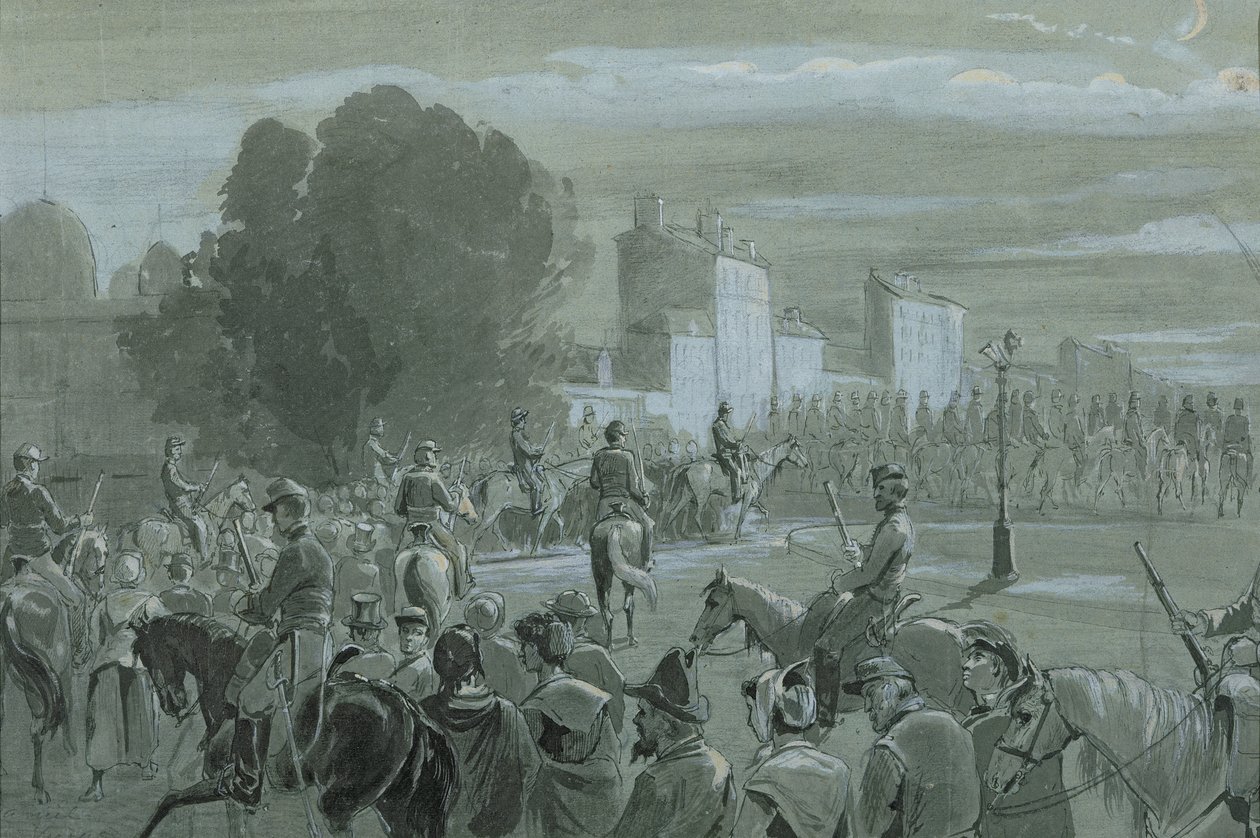 Communard Prisoners Escorted to Versailles, 1871 (penna och bläck och wc på papper) av French School