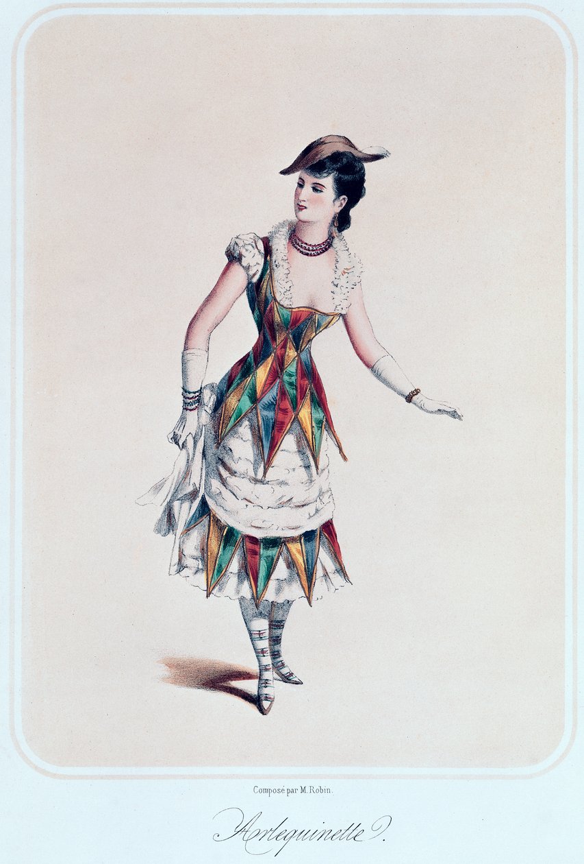 Kostymdesign för en kvinnlig harlekin, ca 1880 av French School