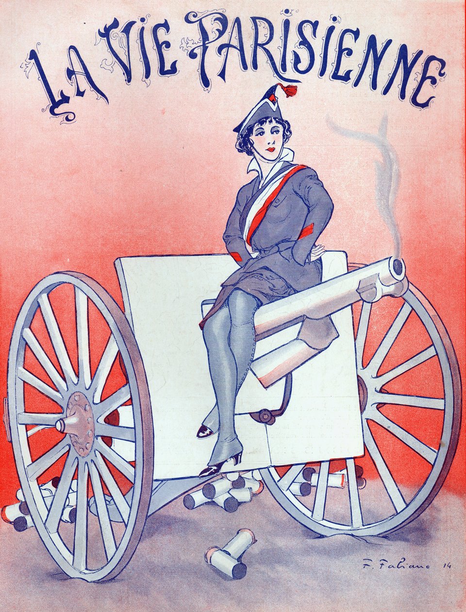 Omslag till "La Vie Parisienne", kvinna som sitter på pipan till en pistol, 16 januari 1915 av French School