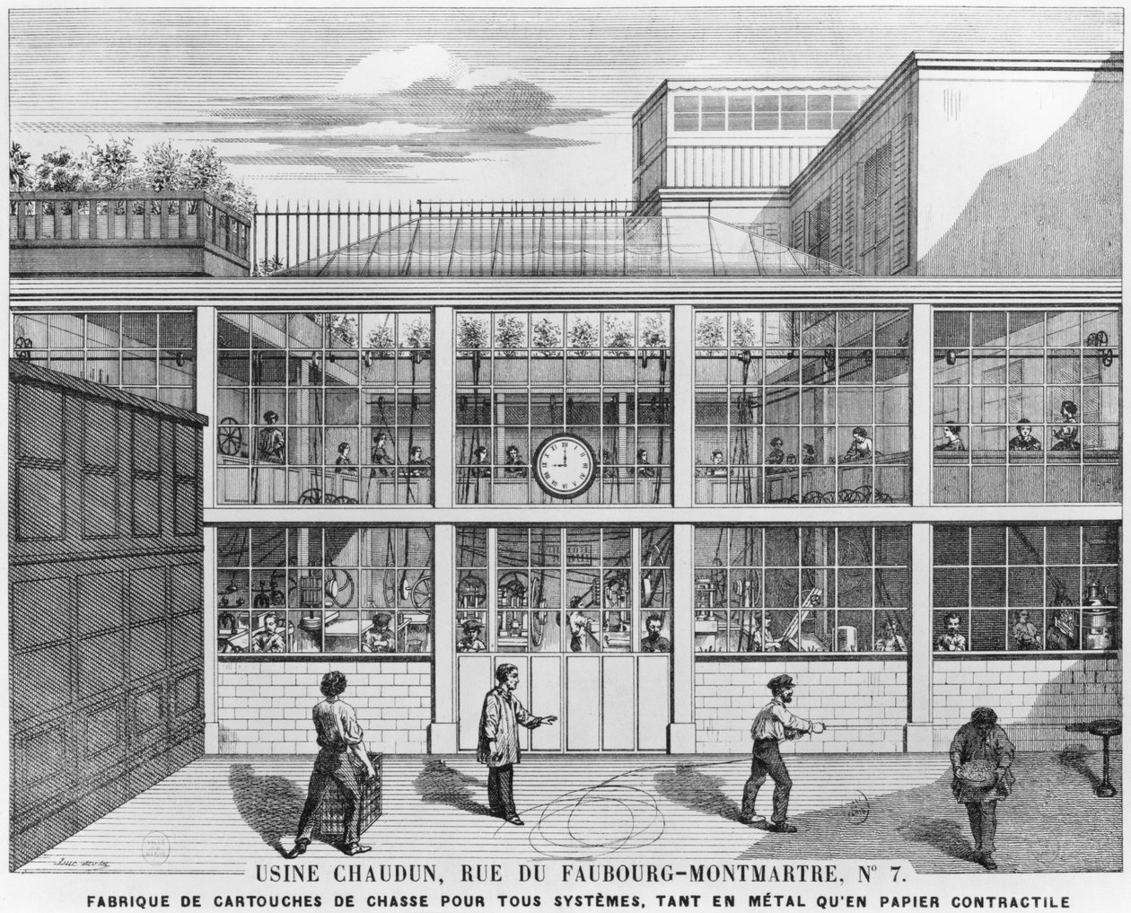 Fabrik för hagelpatroner, Usine Chaudun, rue du Faubourg Montmartre 7, Paris, graverad av Luc (1800-talet) av French School