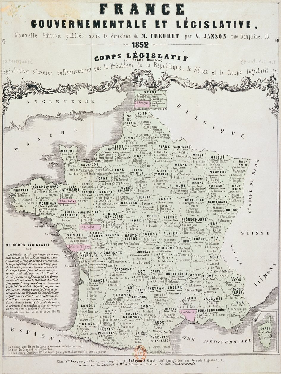 Regerings- och lagstiftningskarta över Frankrike, tryckt av Ledoyen und Giret, Paris, 1852 av French School