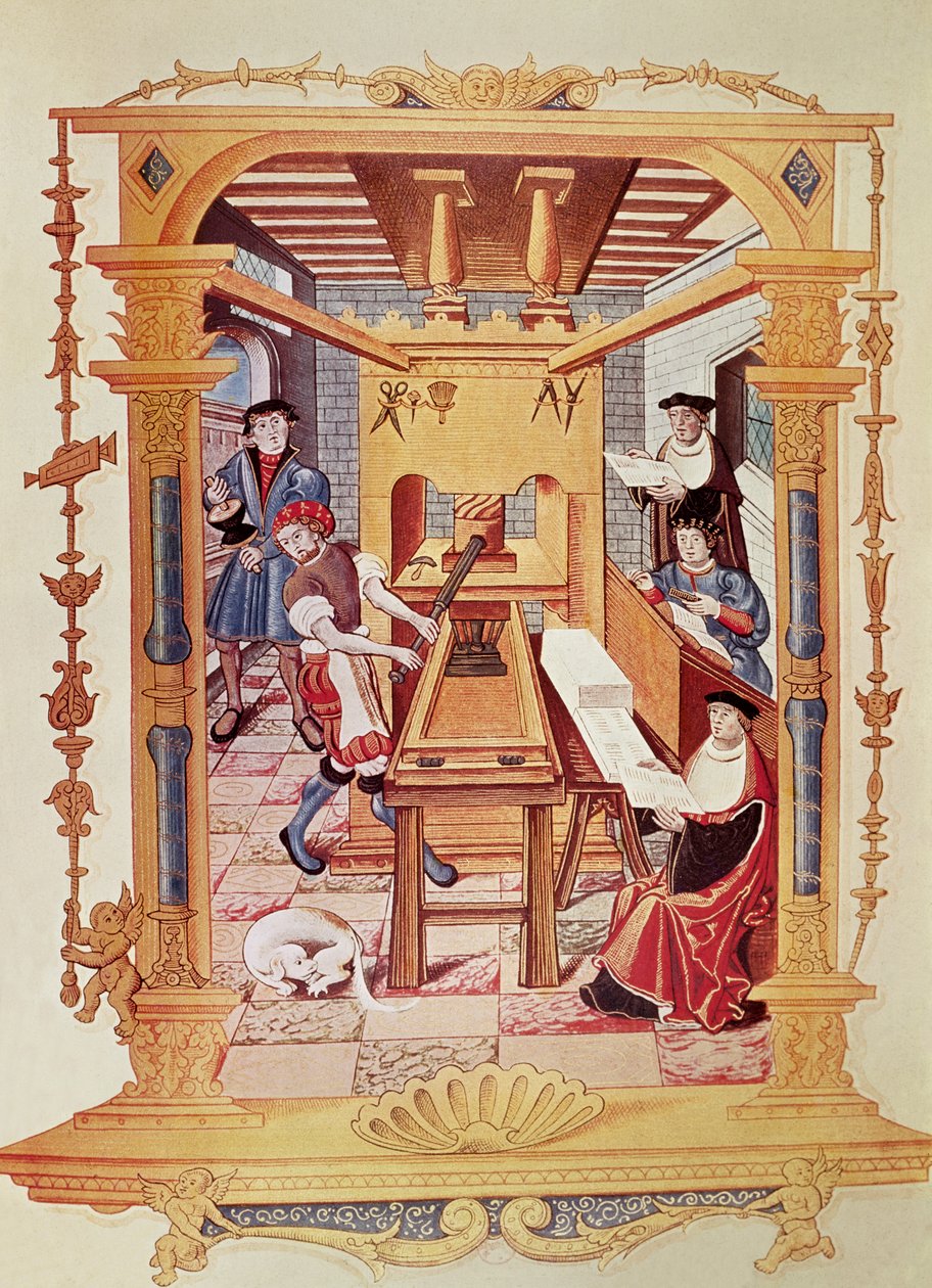 Interiör i ett tryckeri från 1500-talet, kopia av en miniatyr från "Chants royaux sur la Conception couronnee du Puy de Rouen". av French School