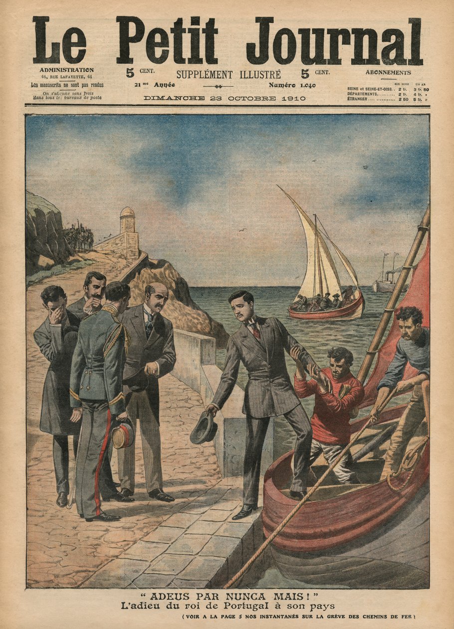Portugals kung Manuel II tar farväl av sitt land, "Adeus par nunca mais", illustration från "Le Petit Journal", supplement illustre, 23 oktober 1910. av French School