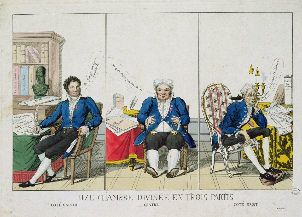 La Chambre Divisee en Trois Partis, karikatyr av nationalförsamlingen, 1819 av French School